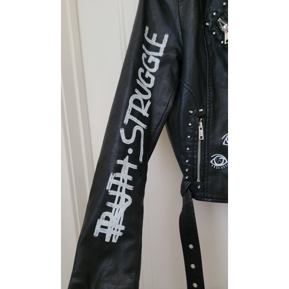 BLUE B Black Vegan Leather Graffiti Punk Moto Jacket w/Studded Accents Size S - Picture 11 of 13